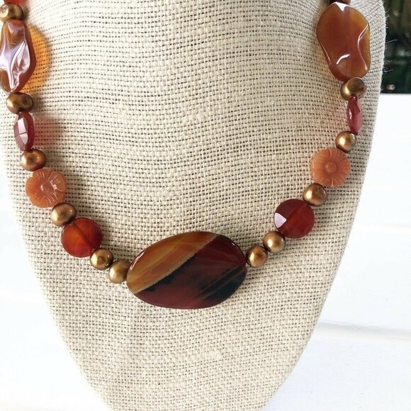 NWT Genuine Carnelian, Agate, Czech Crystal & Pearl Beaded Necklace Orange - Picture 2 of 5